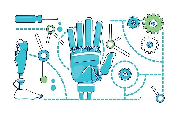 EPS 해외이미지 점선 과학 일러스트 미래 실험 사람없음 파란색 부속품 톱니바퀴 기계화 로봇팔 의수 의족 해외일러스트 선 컬러 컨셉 로봇 오브젝트 파일형식 벡터 이미지허브