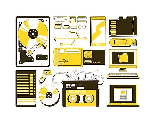 EPS 해외이미지 일러스트 사람없음 노트북 스마트폰 노란색 디지털 모니터 자료 CD 키보드 카세트테이프 카드 메모리칩 USB 스마트 저장 파일 해외일러스트 컬러 컨셉 전자제품 핸드폰 스마트기기 컴퓨터 부속품 파일형식 벡터 이미지허브