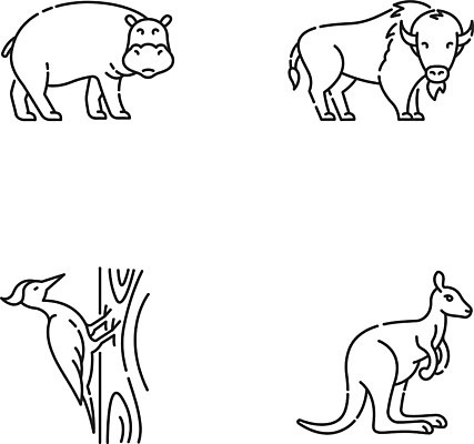 EPS 해외이미지 클립아트 동물 디자인 야생동물 선 컨셉 일러스트 포유류 자연 조류 동물원 미술 세트 픽토그램 웹 플랫 숲 열대우림 땅 들소 수집 심볼 사인 보따리 그림 심플 윤곽 팩 캥거루 고립 동물상 얇은 이국적 항목 해외일러스트 인터넷 문화예술 조형물 화장품 소 생태계 파일형식 벡터 이미지허브