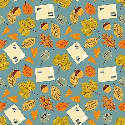 EPS 해외이미지 하늘색 단풍 낙엽 패턴 일러스트 편지봉투 사람없음 주황색 패턴백그라운드 편지 엽서 도토리 해외일러스트 컬러 백그라운드 잎 무늬 봉투 파란색 견과류 파일형식 벡터 이미지허브