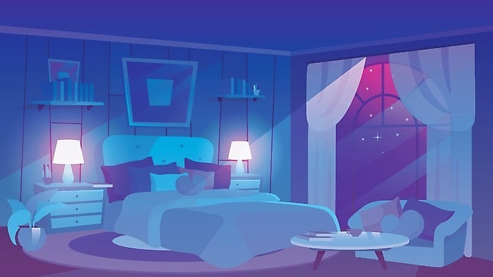 EPS 해외이미지 가구 일러스트 창문 사람없음 내부 빛 소파 어둠 침실 침대 커튼 야간 해외일러스트 자연요소 생활용품 의자 파일형식 벡터 이미지허브