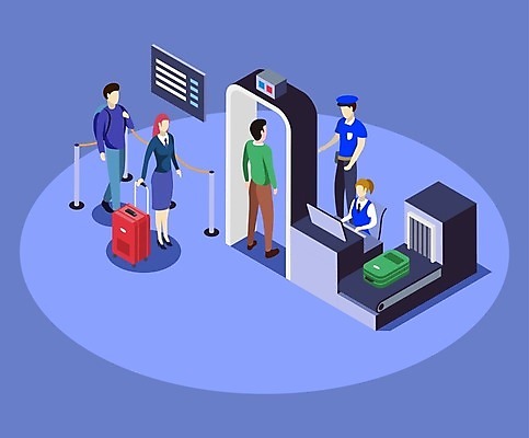 EPS 해외이미지 전신 여자 남자 여행 가방 일러스트 여러명 성인 캐리어 공항 성인만 검색대 해외일러스트 잡화 다수 교통시설 사람 여행가방 파일형식 벡터 이미지허브