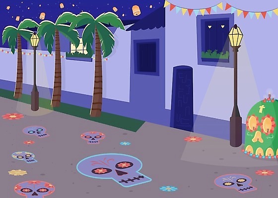 EPS 해외이미지 전통 문화 일러스트 거리 멕시코 해골 기념 사람없음 장식 축제 화려 스페인 저녁 해외일러스트 유럽 컨셉 북아메리카 뼈 야간 파일형식 벡터 이미지허브