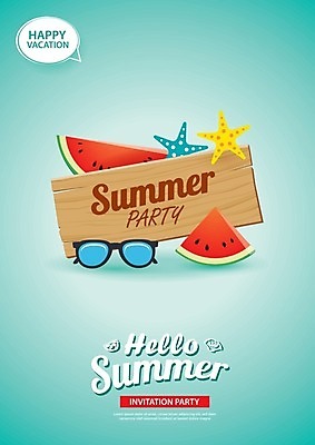 EPS 해외이미지 영어 포스터 일러스트 불가사리 수박 사람없음 선글라스 표지판 민트색 해외일러스트 문자 안경 컬러 과일 극피동물 알림판 파일형식 벡터 이미지허브