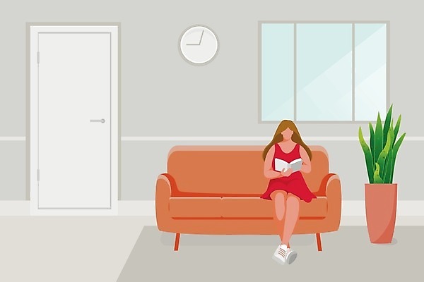 EPS 해외이미지 여자 벽 시계 일러스트 창문 실내 앉기 책 빨간색 소파 사무실 문 방 기다림 만화 읽기 접수 해외일러스트 컬러 의자 비즈니스 모션 사람 내부 파일형식 벡터 이미지허브