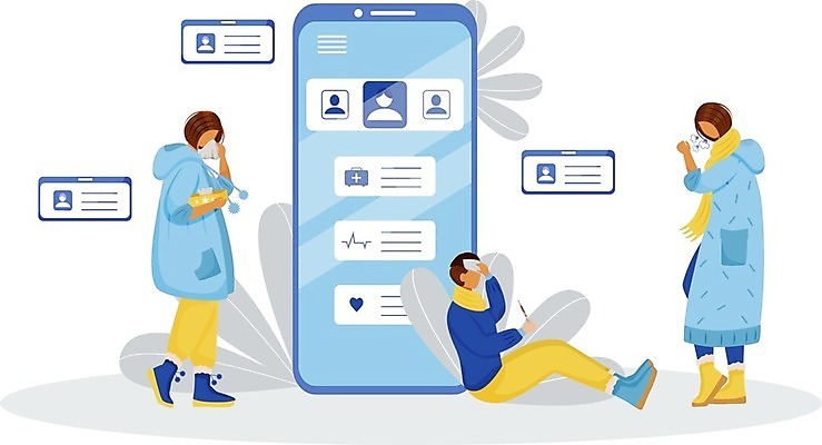 EPS 해외이미지 전신 여자 남자 하늘색 잎 일러스트 모바일 서기 들기 앉기 성인 세명 스마트폰 고통 환자 화장지 질병 온도계 고열 기침 증상 원격의료 얼굴없음 성인만 코풀기 해외일러스트 식물 감정 의학 모션 사람 파란색 핸드폰 스마트기기 진료 온도 원격 파일형식 벡터 이미지허브