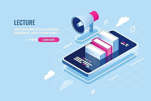 EPS 해외이미지 일러스트 비즈니스 정보기술 사람없음 책 파란색 스마트폰 디지털 확성기 네트워크 전자책 해외일러스트 컬러 기술 핸드폰 스마트기기 파일형식 벡터 이미지허브