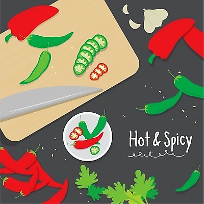 EPS 해외이미지 접시 조각 백그라운드 일러스트 고추 단면 도마 마늘 타이포그라피 사람없음 고수 매움 식칼 해외일러스트 문자 식기 채소 주방용품 맛 향신료 파일형식 벡터 이미지허브