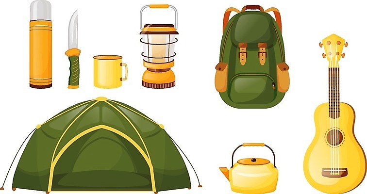 EPS 해외이미지 일러스트 배낭 주전자 텐트 사람없음 캠핑 머그컵 기타 램프 손전등 나이프 보온병 해외일러스트 식기 가방 주방용품 현악기 레저 조명 캠핑도구 컵 칼 파일형식 벡터 이미지허브