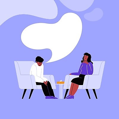 EPS 해외이미지 전신 라이프스타일 여자 남자 말풍선 일러스트 말하기 대화 앉기 성인 두명 일상 보라색 듣기 상담원 고민 상담 소통 성인만 심리상담 정신상담 해외일러스트 감정 컬러 컨셉 모션 사람 라이프 생활 치료 사무원 파일형식 벡터 이미지허브