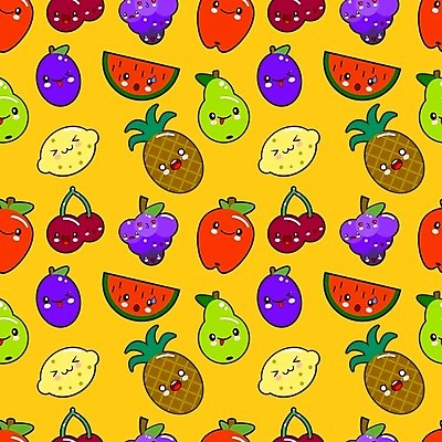 EPS 해외이미지 패턴 일러스트 딸기 포도 수박 표정 사람없음 노란색 체리 사과 레몬 파인애플 과일캐릭터 서양배 해외일러스트 일러캐릭터 캐릭터 컬러 무늬 과일 배_과일 열대과일 파일형식 벡터 이미지허브
