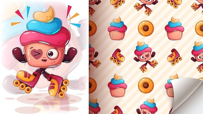 EPS 해외이미지 패턴 일러스트 사람없음 귀여움 바퀴 컵케이크 롤러스케이트화 디저트캐릭터 해외일러스트 일러캐릭터 캐릭터 컨셉 무늬 디저트 케이크 롤러블레이드 파일형식 벡터 이미지허브