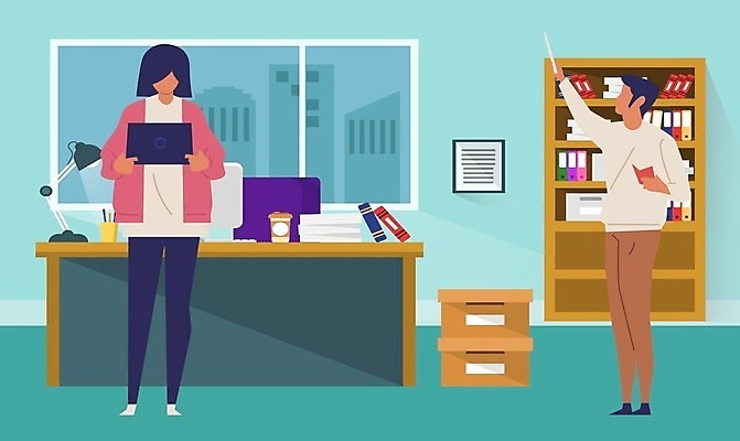 EPS 해외이미지 전신 여자 남자 일러스트 창문 책장 서기 들기 성인 두명 상자 사무실 업무 비즈니스맨 비즈니스우먼 책상 바쁨 얼굴없음 성인만 해외일러스트 가구 비즈니스 모션 사람 작업 직장인 파일형식 벡터 이미지허브