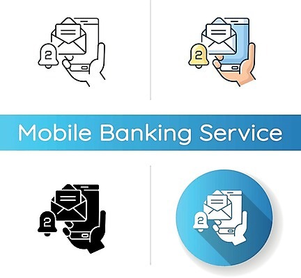 EPS 해외이미지 일러스트 사람없음 스마트폰 세트 원형 편지 알림 손모양 모바일뱅킹 해외일러스트 모양 도형 핸드폰 스마트기기 뱅킹 파일형식 벡터 손_신체부위 이미지허브