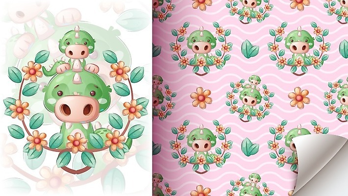 EPS 해외이미지 꽃 동물캐릭터 잎 패턴 일러스트 가족 사람없음 귀여움 악어 해외일러스트 일러캐릭터 식물 동물 캐릭터 컨셉 무늬 관계 파충류 파일형식 벡터 이미지허브