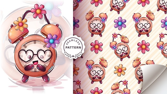 EPS 해외이미지 캐릭터 꽃 안경 시계 패턴 일러스트 사람없음 귀여움 자명종 해외일러스트 일러캐릭터 식물 잡화 컨셉 무늬 알람 파일형식 벡터 이미지허브