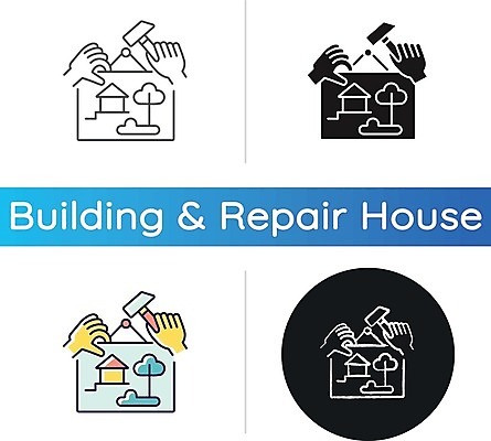 EPS 해외이미지 나무 일러스트 주택 들기 사람없음 세트 설계도 원형 망치 손모양 해외일러스트 모양 도형 식물 모션 건설업 건물 공구 파일형식 벡터 손_신체부위 이미지허브