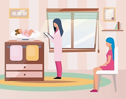 EPS 해외이미지 전신 라이프스타일 여자 딸 의자 일러스트 창문 엄마 서기 앉기 성인 세명 눕기 진료 아기 체중계 소아과 몸무게재기 소아과의사 체중측정 얼굴없음 여자만 해외일러스트 가구 의학 가족 모션 병원 사람 생활 의사 측정 파일형식 벡터 이미지허브