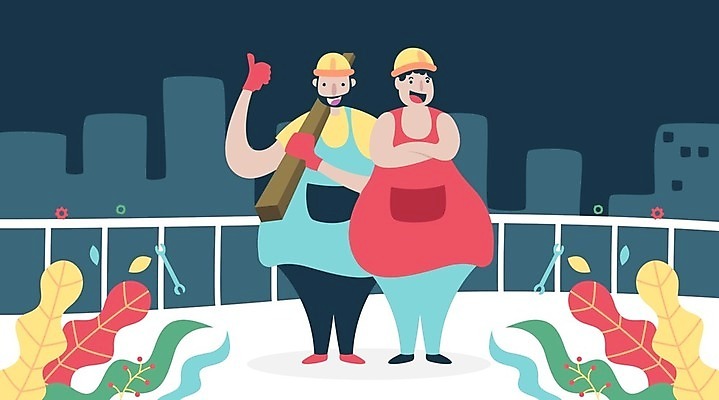 EPS 해외이미지 전신 남자 일러스트 난간 노동자 작업복 들기 성인 두명 목재 팔짱 도시 안전모 따봉 근로자의날 성인남자만 해외일러스트 나무 직업 옷 기념일 재료 모션 사람 최고 헬멧 안전장비 남자만 성인만 파일형식 벡터 이미지허브