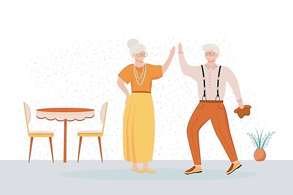 EPS 해외이미지 전신 커플 여자 노년 남자 화분 허리손 의자 일러스트 식탁 탁자 서기 들기 두명 노부부 하이파이브 노인만 해외일러스트 부부 포즈 가구 관계 모션 사람 손짓 성인 성인만 파일형식 벡터 이미지허브