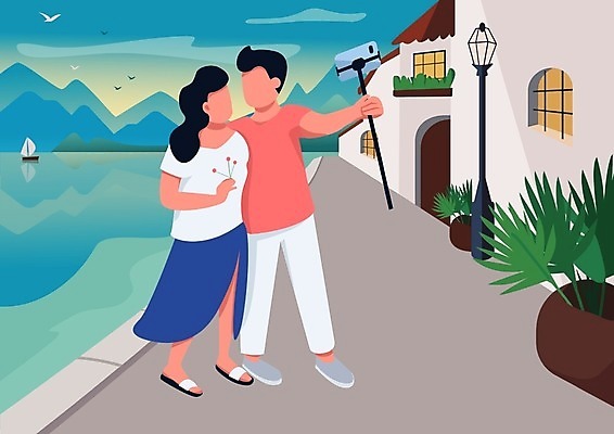 EPS 해외이미지 전신 부부 여자 남자 바다 일러스트 산 주택 들기 성인 두명 스마트폰 마주보기 사진촬영 신혼여행 골목길 휴양지 화단 새떼 셀카봉 성인만 어깨에손 해외일러스트 커플 길 결혼 모션 조류 사람 건물 핸드폰 스마트기기 촬영 장소 파일형식 벡터 이미지허브