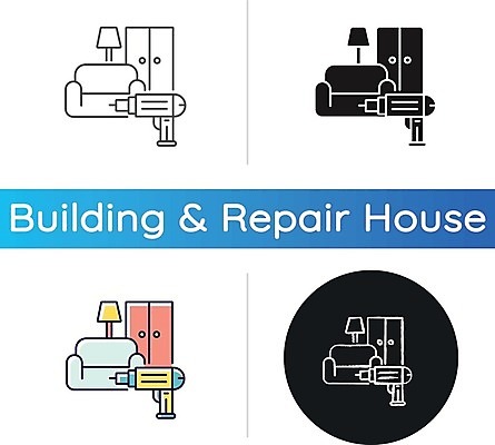 EPS 해외이미지 가구 일러스트 사람없음 세트 소파 스탠드 원형 장롱 설치 전동드릴 해외일러스트 도형 생활용품 의자 조명 드릴 파일형식 벡터 이미지허브