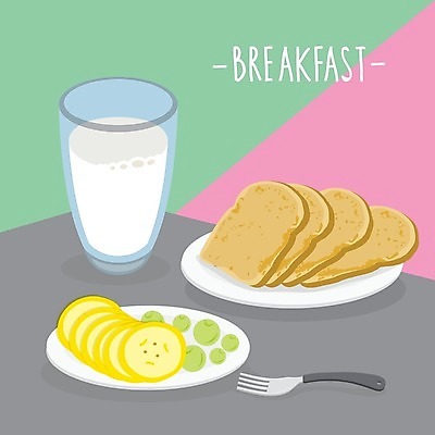 EPS 해외이미지 접시 포크 일러스트 잔 사람없음 우유 아침식사 청포도 슬라이스 토스트 참외 해외일러스트 식기 빵 과일 포도 유제품 식사 파일형식 벡터 이미지허브