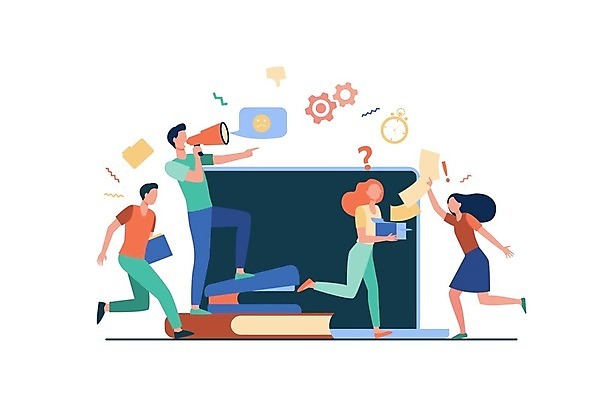 EPS 해외이미지 전신 여자 남자 일러스트 협력 들기 여러명 성인 책 노트북 달리기 확성기 업무 지시 스테이플러 바쁨 명령 얼굴없음 성인만 해외일러스트 다수 모션 사람 전자제품 사무용품 작업 파일형식 벡터 이미지허브