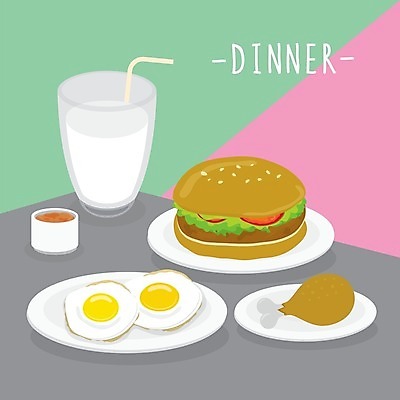 EPS 해외이미지 접시 일러스트 잔 빨대 사람없음 우유 햄버거 아침식사 계란프라이 닭다리 소스그릇 해외일러스트 그릇 식기 유제품 패스트푸드 식사 계란요리 파일형식 벡터 이미지허브