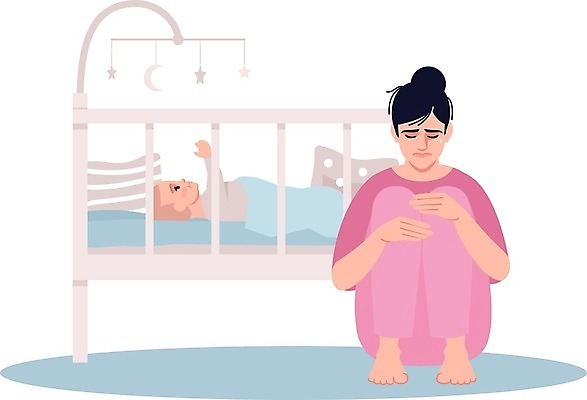 EPS 해외이미지 전신 여자 일러스트 엄마 스트레스 성인 두명 육아 슬픔 아기 좌절 고독 울음 눈물 모빌 웅크림 손뻗기 아기침대 우울감 우울증 산후우울증 해외일러스트 감정 컨셉 가족 모션 표정 사람 아기용품 침대 질병 파일형식 벡터 이미지허브
