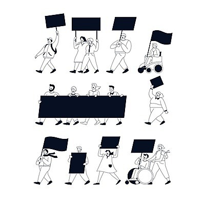 EPS 해외이미지 여자 남자 포스터 리본 선 일러스트 배낭 함께함 흑백 사람 소년 평화 검은색 방 자유 흰색 점 얼룩 바퀴 군중 장애인 민주주의 사인 휠체어 반대 장애 혁명 독립 운동가 위기 정치 지원 집회 타격 항의 해외일러스트 어린이 컬러 컨셉 가방 모션 촬영기법 파일형식 벡터 이미지허브