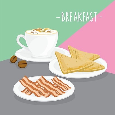 EPS 해외이미지 접시 커피 일러스트 사람없음 원두 아침식사 찻잔 컵받침 토스트 베이컨 해외일러스트 식기 음료 빵 잔 돼지고기 식사 받침대 파일형식 벡터 이미지허브