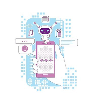 EPS 해외이미지 캐릭터 손 하늘색 말풍선 일러스트 들기 신체부위 스마트폰 보라색 잡기 메시지 로봇 채팅 AI_인공지능 해외일러스트 일러캐릭터 컬러 모션 사람 파란색 핸드폰 스마트기기 파일형식 벡터 이미지허브