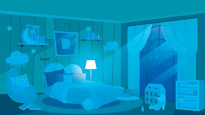 EPS 해외이미지 가구 쿠션 일러스트 창문 베개 사람없음 파란색 빛 어둠 침실 방 침대 램프 커튼 야간 심플 구름모양 해외일러스트 자연요소 모양 컬러 생활용품 침구 조명 파일형식 벡터 구름_자연 이미지허브