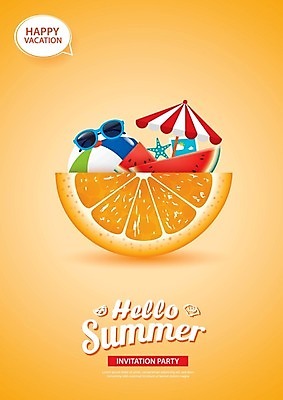 EPS 해외이미지 영어 포스터 오렌지 일러스트 불가사리 수박 사람없음 선글라스 주황색 파라솔 비치볼 해외일러스트 문자 안경 컬러 과일 공 극피동물 바캉스용품 파일형식 벡터 이미지허브