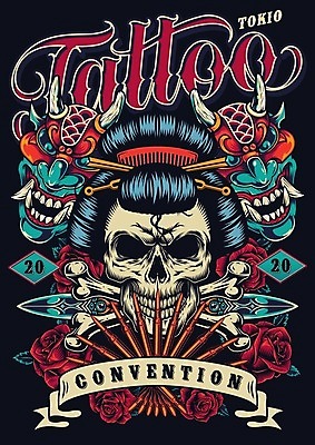 EPS 해외이미지 디자인 포스터 일러스트 검은배경 해골 사람없음 장미 일본 빈티지 악마 문신 게이샤 해외일러스트 꽃 아시아 백그라운드 컨셉 뼈 검은색 파일형식 벡터 이미지허브