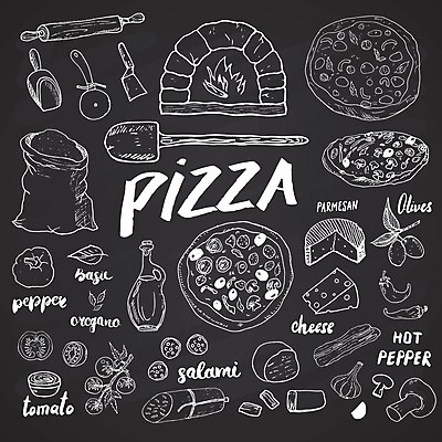 EPS 해외이미지 디자인 토마토 일러스트 치즈 사람없음 올리브오일 올리브 살라미 칠리고추 파마산치즈 피자주걱 피자칼 해외일러스트 열매 채소 고추 주방용품 유제품 기름_음식 주걱 파일형식 벡터 이미지허브