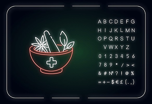 EPS 해외이미지 알파벳 선 백그라운드 일러스트 타이포그라피 사람없음 풀잎 화려 약초 심볼 네온 절구 형광등 절굿공이 해외일러스트 문자 영어 컨셉 잎 전등 도구 풀_식물 파일형식 벡터 이미지허브