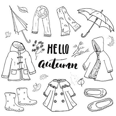 EPS 해외이미지 신발 낙엽 일러스트 우산 장화 사람없음 목도리 코트 우비 해외일러스트 잡화 옷 잎 외투 파일형식 벡터 이미지허브