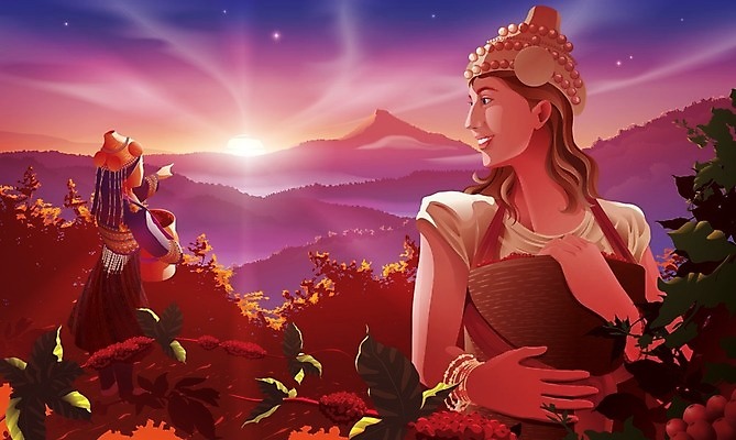 EPS 해외이미지 커피 컨셉 일러스트 아침 산 콩 미술 사람 일출 디지털 수확 작업 고도 지역 멀리 온라인 서쪽 해외일러스트 주간 음료 농업 문화예술 곡류 노을 방향 파일형식 벡터 이미지허브