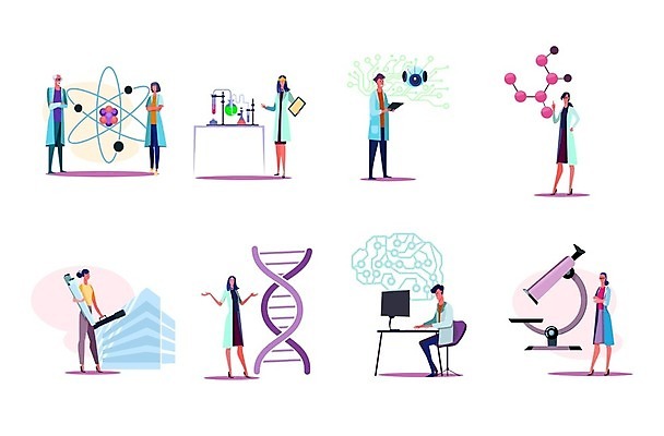 EPS 해외이미지 여자 남자 의자 일러스트 현미경 실험 서기 들기 앉기 여러명 성인 실험실 DNA 로봇 과학자 책상 플라스크 원자 분자구조 이중나선구조 성인만 AI_인공지능 해외일러스트 직업 과학 가구 다수 모션 실험기구 사람 생명공학 학자 파일형식 벡터 이미지허브