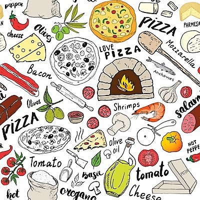 EPS 해외이미지 디자인 패턴 토마토 일러스트 고추 새우 마늘 사람없음 소시지 올리브오일 주걱 밀대 바질 살라미 앤초비 파마산치즈 피자주걱 피자집 화덕 해외일러스트 무늬 채소 주방용품 치즈 갑각류 상점 가공식품 기름_음식 화로 파일형식 벡터 이미지허브