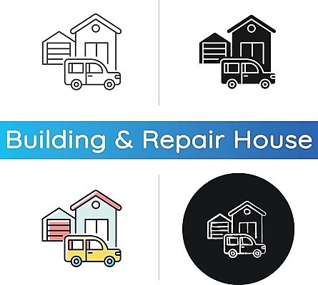 EPS 해외이미지 일러스트 자동차 주택 사람없음 세트 원형 창고 차고 해외일러스트 도형 육상교통 건물 파일형식 벡터 이미지허브