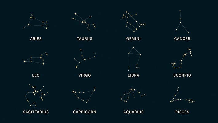 EPS 해외이미지 동물 디자인 별 일러스트 미술 세트 어둠 별자리 황금 신비 심볼 파란배경 점성술 마법 사자자리 처녀자리 쌍둥이자리 암 서명 디테일 해외일러스트 자연요소 백그라운드 컨셉 문화예술 파란색 질병 파일형식 벡터 이미지허브