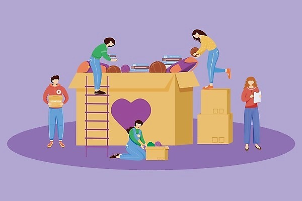 EPS 해외이미지 전신 여자 남자 일러스트 함께함 여러명 성인 책 상자 보라색 주기 기부 헬프 성인만 자선단체 해외일러스트 컬러 다수 컨셉 모션 사람 도움 그룹 자선 파일형식 벡터 이미지허브