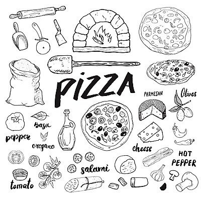 EPS 해외이미지 디자인 토마토 채소 일러스트 재료 캘리그라피 피자 마늘 사람없음 올리브오일 올리브 베이컨 밀대 바질 토마토소스 살라미 오레가노 칠리고추 파마산치즈 피자주걱 피자칼 화덕 해외일러스트 열매 고추 주방용품 치즈 패스트푸드 서양음식 돼지고기 소스_음식 기름_음식 주걱 화로 파일형식 벡터 이미지허브