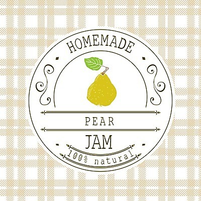 EPS 해외이미지 일러스트 사람없음 라벨 체크무늬 서양배 원형프레임 과일잼 베이지색 프레임일러스트 홈메이드 해외일러스트 컬러 무늬 프레임 배_과일 원형 잼 만들기 파일형식 벡터 이미지허브