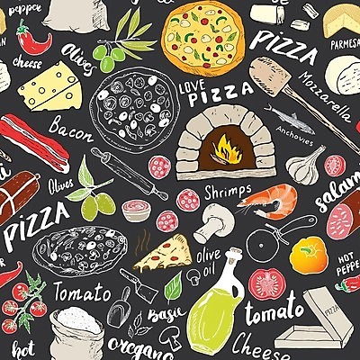 EPS 해외이미지 디자인 패턴 토마토 일러스트 재료 새우 피자 패스트푸드 마늘 사람없음 패턴백그라운드 올리브오일 올리브 밀대 살라미 앤초비 오레가노 칠리고추 피자주걱 화덕 해외일러스트 열매 백그라운드 무늬 채소 고추 주방용품 서양음식 갑각류 기름_음식 인스턴트 주걱 화로 파일형식 벡터 이미지허브