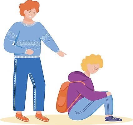 EPS 해외이미지 남자 어린이 가방 일러스트 앉기 소년 두명 눈감음 분노 가리킴 놀림 따돌림 소년만 해외일러스트 잡화 감정 모션 사람 손짓 왕따 남자만 어린이만 파일형식 벡터 이미지허브