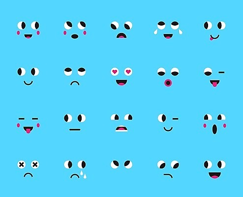 EPS 해외이미지 응시 하늘색 일러스트 표정 사랑 웃음 사람없음 세트 분노 좌절 울음 눈물 즐거움 이모티콘 엘리먼트 해외일러스트 시선 감정 컨셉 파란색 파일형식 벡터 이미지허브